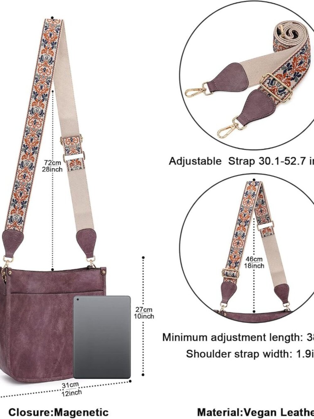 Crossbody Bags for Women Trendy Vegan Leather Hobo Handbags With 2PCS Adjustable - Picture 5 of 8